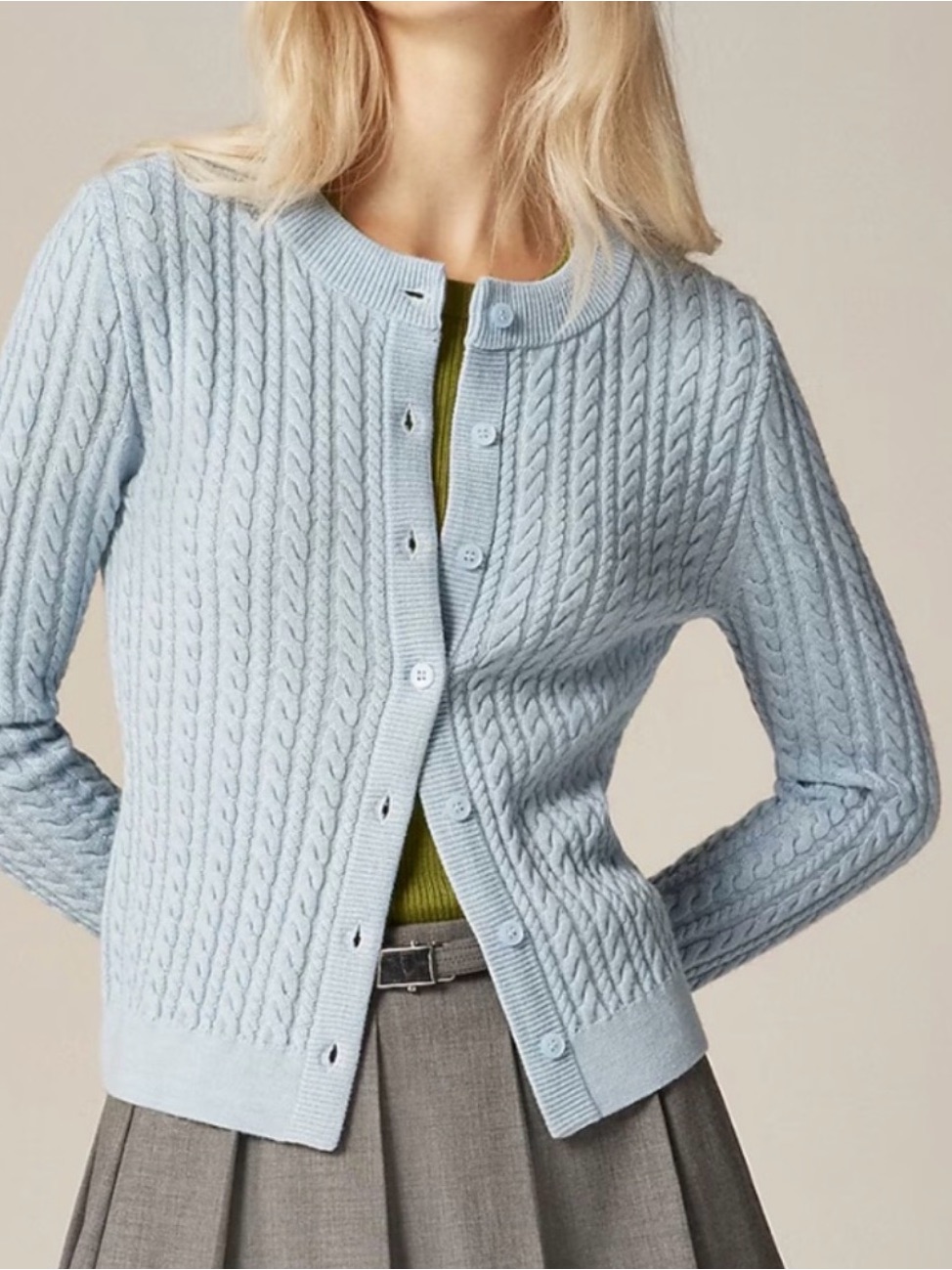 Nwt$128 J. Crew Cable Knit Crewneck Cardigan, Merino Wool Hthr Stream Blue S